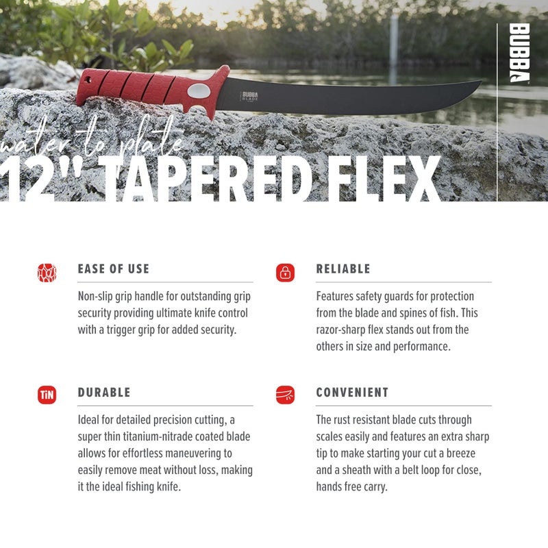 BUBBA 12 Inch Flex Curved Fillet Knife with Non-Slip Grip Handle, Full Tang Stainless Steel Non-Stick Titanium Blade, Lanyard Hole and Synthetic Sheath for Fishing - Image 4